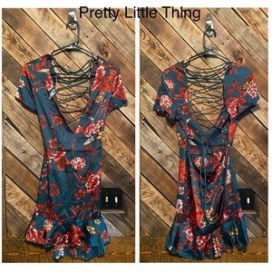 Dark Green Fall Floral Faux Satin Mini Dress